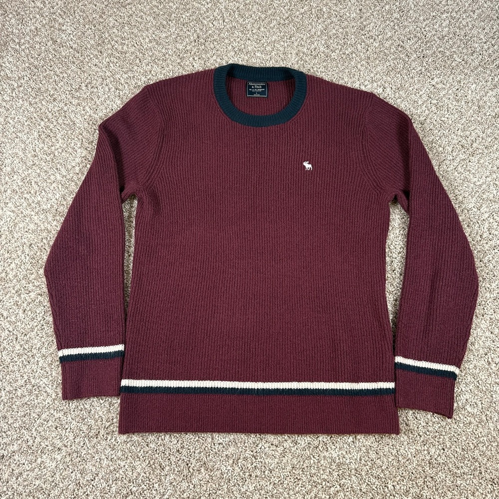 Abercrombie & Fitch Sweater Mens Large Burgundy Knit‎ Crewneck Stripe Y2K